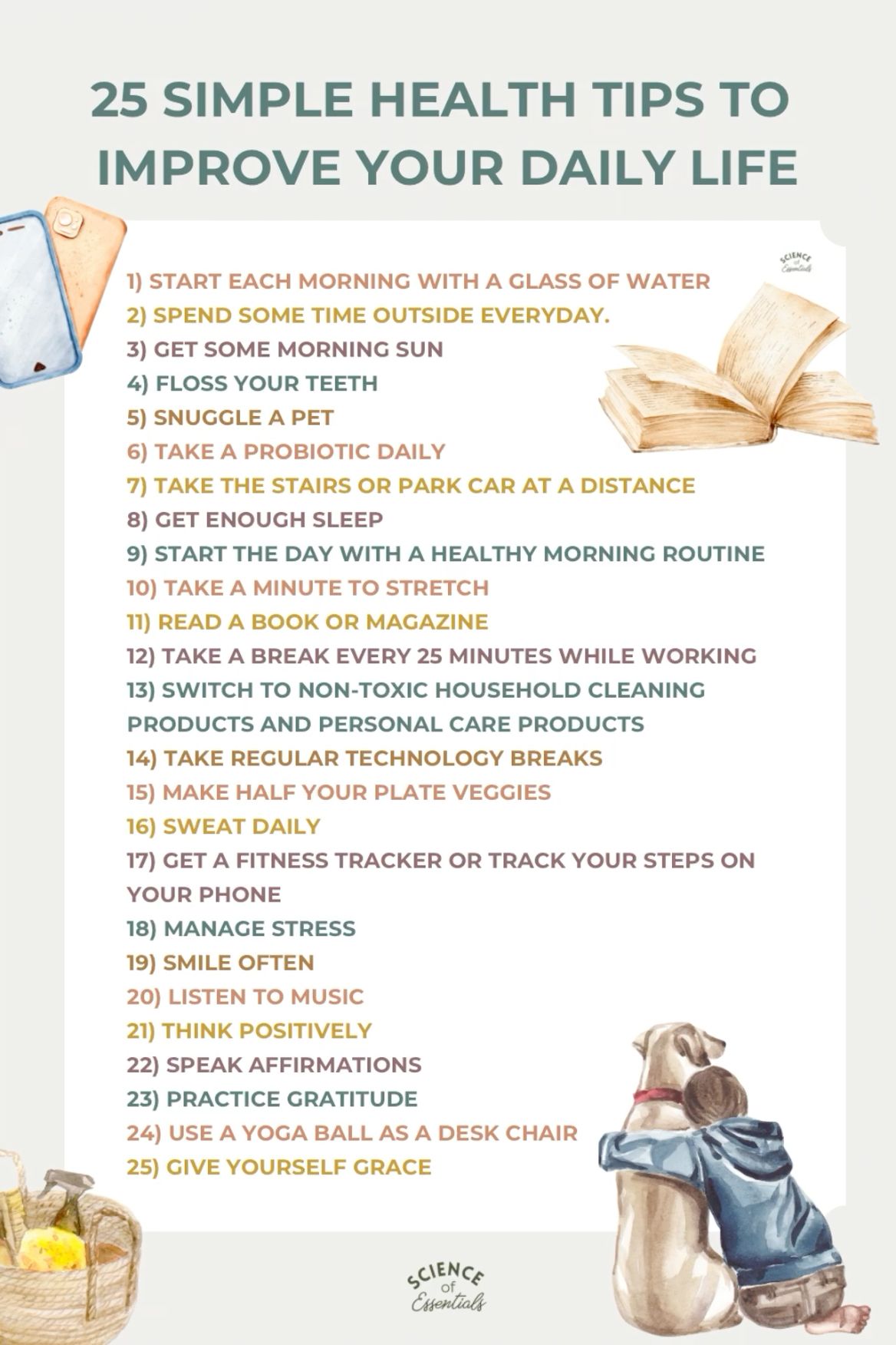 25 simple tips to improve your daily life, self care, wellness, routine, science of essentials ...