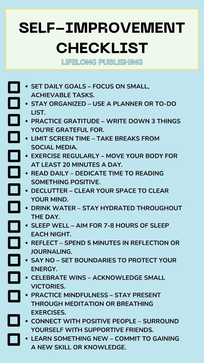 Self-Improvement Checklist | Self improvement, Self help skills, Self ...